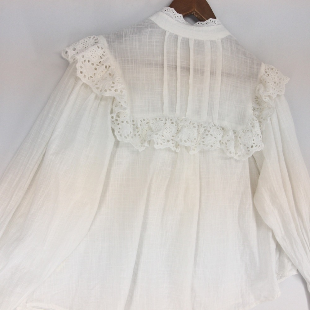 Free People Blouse Womens M White Eyelet Ruffle Victorian Boho Long Sleeve - Picture 4 of 11